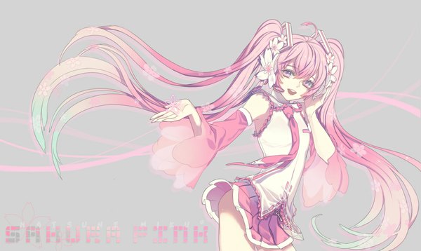 Anime picture 1004x600 with vocaloid hatsune miku sakura miku enk single long hair fringe simple background hair between eyes wide image twintails bare shoulders pink hair pink eyes hair flower inscription grey background girl skirt hair ornament