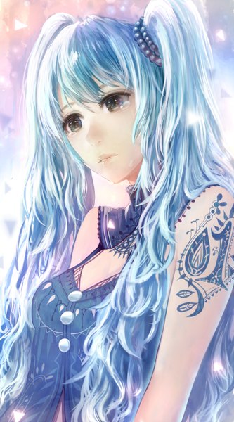 Anime picture 750x1350 with vocaloid hatsune miku bounin single long hair tall image fringe twintails blue hair looking away black eyes tattoo tears crying girl scrunchie hair tie beads
