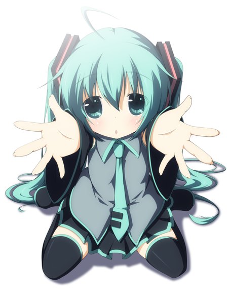 Anime picture 1200x1600 with vocaloid hatsune miku yuzuki kei single long hair tall image simple background white background twintails aqua eyes aqua hair loli outstretched arm girl thighhighs detached sleeves necktie