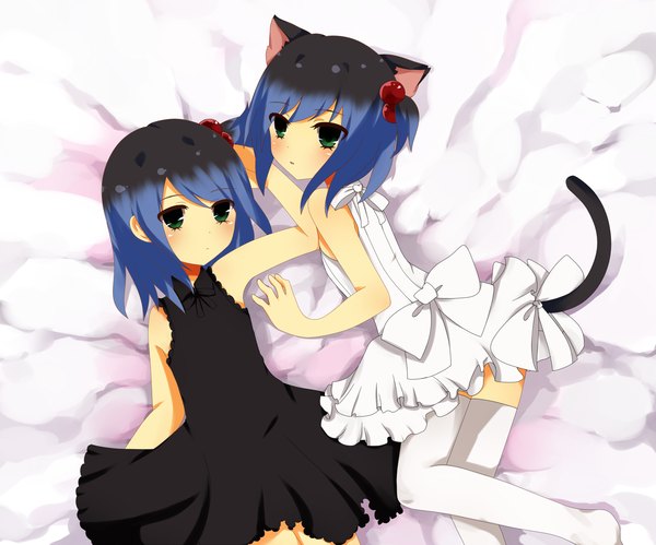 Anime picture 2000x1666 with utau ryone yami saru to yami highres short hair multiple girls green eyes animal ears blue hair multicolored hair cat ears cat girl cat tail girl thighhighs dress 2 girls white thighhighs