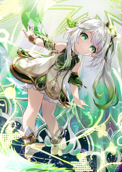 Anime picture 1736x2456 with genshin impact nahida (genshin impact) icedango (dpopic3) single long hair tall image looking at viewer highres green eyes silver hair full body light smile pointy ears loli leaning side ponytail symbol-shaped pupils girl dress bracelet