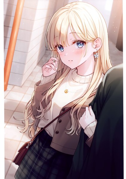 Anime picture 2111x2998 with original aoi yuki long hair tall image looking at viewer blush fringe highres blue eyes blonde hair standing outdoors long sleeves arm up scan open jacket plaid skirt solo focus pillarboxed locked arms
