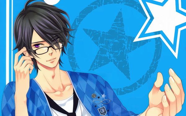 Anime picture 1920x1200 with brothers conflict idea factory asahina azusa udajo single looking at viewer fringe highres short hair black hair simple background wide image purple eyes light smile scan mole mole under eye boy glasses necktie