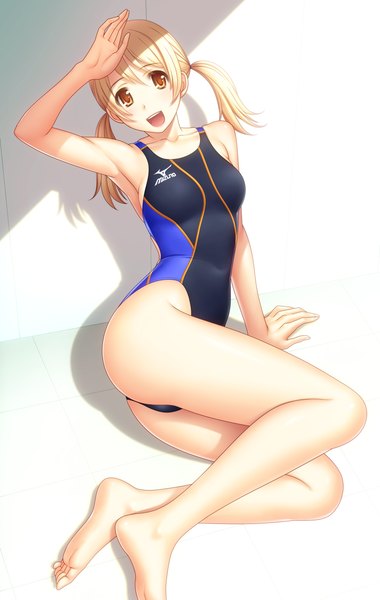 Anime picture 1478x2333 with original kuri (kurigohan) single long hair tall image looking at viewer open mouth light erotic blonde hair twintails yellow eyes barefoot girl swimsuit