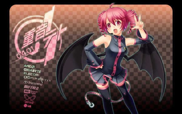 Anime picture 1680x1050 with utau kasane teto yumeno mikan blush open mouth wide image twintails bare shoulders pink hair pink eyes tattoo short twintails happy bat wings logo thighhighs