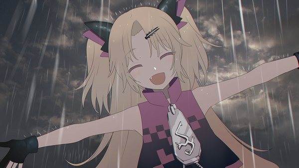 Anime picture 1423x800 with virtual youtuber uni channel akatsuki uni fucodoku single long hair open mouth blonde hair wide image upper body eyes closed fang (fangs) two side up sleeveless spread arms rain ^ ^ ^o^ girl gloves