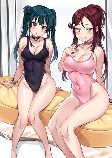 Anime picture 1015x1425 with love live! sunshine!! sunrise (studio) love live! sakurauchi riko tsushima yoshiko tem10 long hair tall image looking at viewer blush fringe breasts light erotic smile hair between eyes large breasts sitting purple eyes twintails bare shoulders