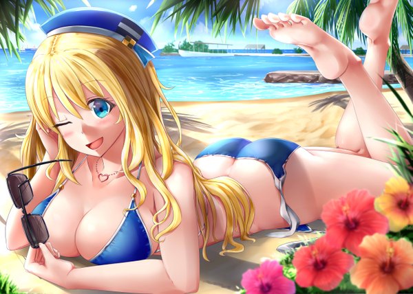 Anime picture 5154x3679 with kantai collection atago heavy cruiser ayakase hotaru single long hair looking at viewer blush fringe highres breasts open mouth blue eyes light erotic blonde hair smile hair between eyes large breasts holding absurdres sky