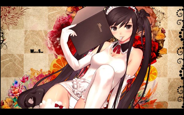 Anime picture 1920x1200 with original snyp (r0pyns) single long hair blush highres breasts light erotic black hair brown hair wide image sitting brown eyes very long hair abstract girl thighhighs dress gloves underwear
