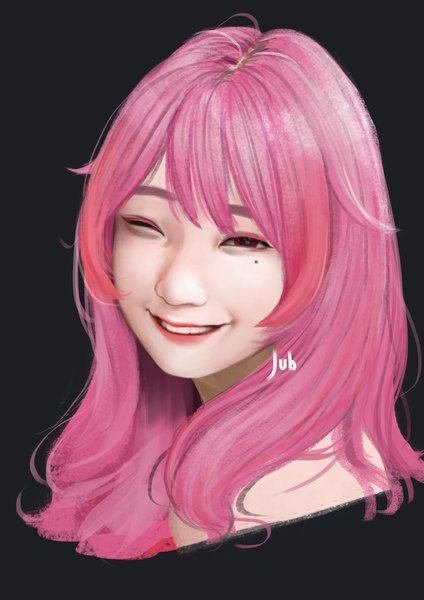Anime picture 1240x1754 with original yuri (jubi) jubi (regiana) single long hair tall image looking at viewer fringe smile brown eyes signed pink hair one eye closed realistic mole mole under eye lipstick grin portrait dark background