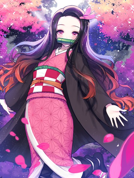 Anime picture 1000x1333 with kimetsu no yaiba ufotable kamado nezuko kyundoo single long hair tall image looking at viewer blush black hair standing holding outdoors traditional clothes japanese clothes pink eyes multicolored hair wind night wide sleeves