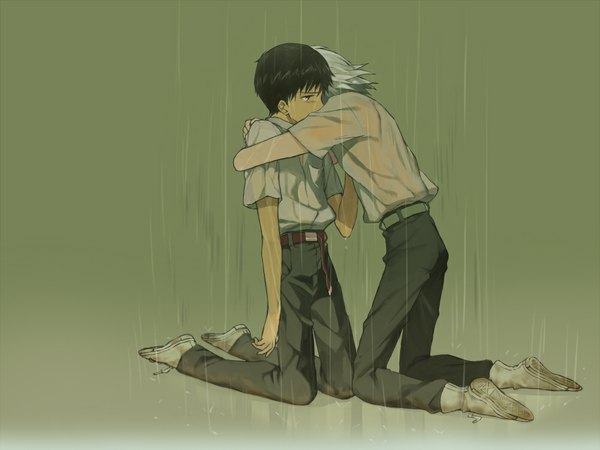 Anime picture 1000x750 with neon genesis evangelion gainax ikari shinji nagisa kaworu nyan kichi short hair black hair looking away silver hair black eyes grey background multiple boys wet hug back rain wet clothes shounen ai spiked hair naked shirt