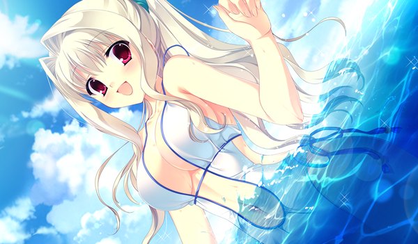 Anime picture 1024x600 with da capo iii yoshino charles tanihara natsuki long hair blush breasts open mouth light erotic red eyes wide image game cg cloud (clouds) white hair girl swimsuit