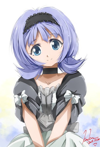 Anime picture 1012x1480 with mobile suit gundam gundam tekketsu no orphans sunrise (studio) almiria bauduin kem kem single tall image looking at viewer fringe short hair blue eyes simple background smile signed purple hair dated portrait girl dress bow