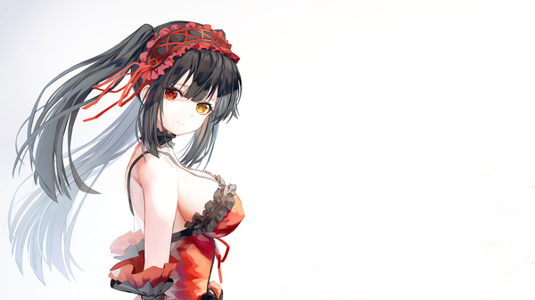 Anime picture 3000x1688 with date a live tokisaki kurumi poharo single long hair looking at viewer fringe highres breasts light erotic black hair simple background red eyes wide image large breasts standing white background twintails yellow eyes payot