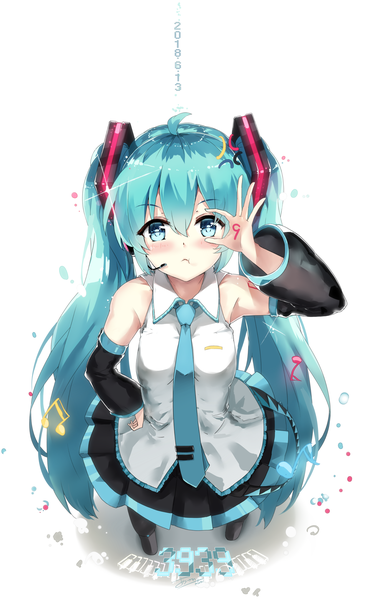 イラスト 1274x2039 と ボーカロイド 初音ミク あさひクロイ ソロ 長身像 カメラ目線 赤面 前髪 おっぱい simple background hair between eyes 立つ 白背景 ツインテール 肩出し signed 全身 アホ毛 very long hair pleated skirt