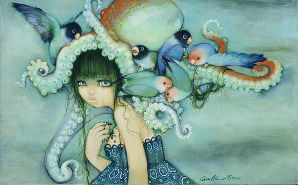 Anime picture 1734x1080 with camilladerrico single long hair highres blue eyes simple background brown hair wide image bare shoulders tears girl dress animal bird (birds) octopus