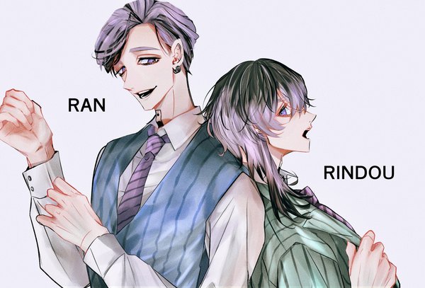 Anime picture 2590x1756 with tokyo revengers haitani ran haitani rindou heeei 0 long hair highres short hair simple background purple eyes purple hair upper body profile multicolored hair multiple boys tattoo streaked hair character names siblings back to back brothers