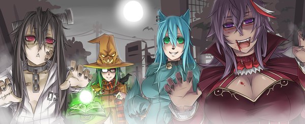Anime picture 2446x1000 with original exaxuxer long hair looking at viewer highres open mouth black hair smile red eyes wide image purple eyes multiple girls green eyes animal ears blue hair purple hair nail polish fingernails green hair teeth