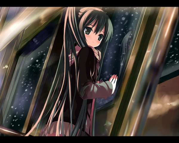 Anime picture 1280x1022 with vocaloid when the first love ends (vocaloid) hatsune miku shino (eefy) single long hair blush fringe hair between eyes standing indoors long sleeves aqua eyes aqua hair tears snowing girl