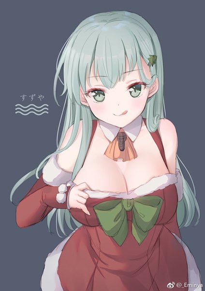 Anime picture 800x1132 with kantai collection suzuya heavy cruiser emia wang single long hair tall image blush breasts light erotic simple background large breasts signed cleavage aqua eyes aqua hair character names twitter username christmas dark background :q
