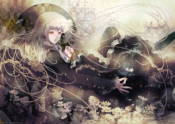 Anime picture 1170x827 with original yuu (arcadia) yellow eyes white hair art nouveau girl dress hair ornament flower (flowers) petals pearls