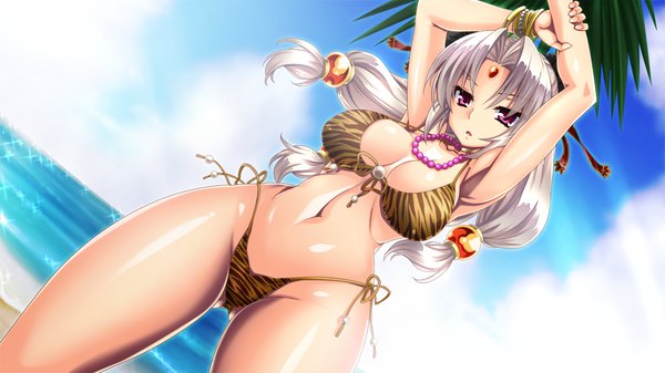 Anime picture 1280x720 with sangoku hime unicorn-a long hair breasts light erotic red eyes wide image game cg white hair girl navel swimsuit bikini