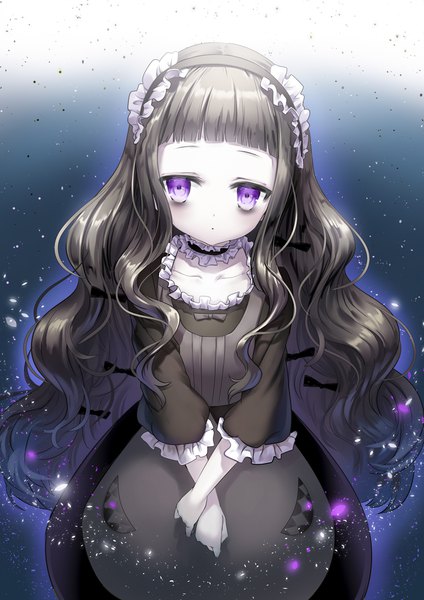 Anime picture 800x1132 with mahou shoujo ikusei keikaku hardgore alice marmoset (marmoset0) single long hair tall image looking at viewer fringe open mouth black hair standing purple eyes blunt bangs very long hair from above wavy hair crossed arms pale skin girl dress