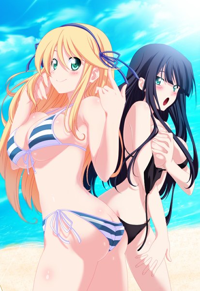 Anime picture 750x1089 with senran kagura ikaruga (senran kagura) katsuragi (senran kagura) eroishi long hair tall image blush breasts open mouth light erotic black hair blonde hair smile green eyes sky cloud (clouds) ass looking back sunlight beach