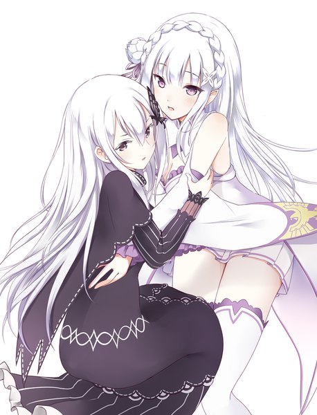 Anime picture 700x918 with re:zero kara hajimeru isekai seikatsu white fox emilia (re:zero) echidna (re:zero) kamekichi (kamekiti) long hair tall image blush fringe breasts open mouth simple background hair between eyes large breasts standing white background sitting purple eyes multiple girls payot