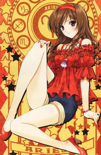Anime picture 3000x4600 with original suzuhira hiro single long hair tall image looking at viewer blush highres open mouth brown hair sitting bare shoulders brown eyes nail polish fingernails scan long fingernails red nail polish zodiac aries (zodiac)