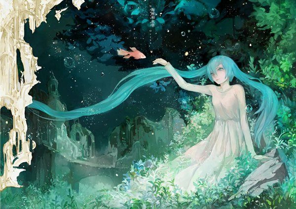 Anime picture 1000x706 with original hyxin single very long hair aqua eyes aqua hair hieroglyph underwater girl dress plant (plants) white dress leaf (leaves) fish (fishes) stone (stones)