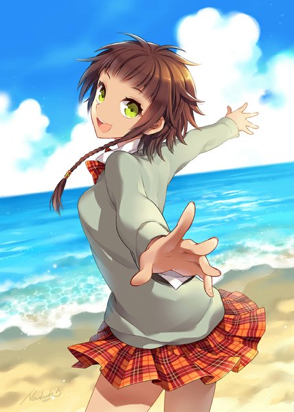 Anime picture 713x1000 with original nardack single tall image looking at viewer short hair open mouth brown hair sky cloud (clouds) beach girl skirt sweater