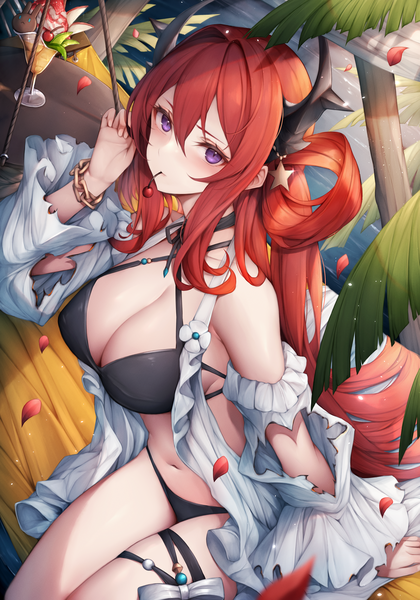 Anime picture 3267x4667 with arknights surtr (arknights) surtr (colorful wonderland) (arknights) snm (sunimi) single tall image looking at viewer blush highres breasts light erotic large breasts sitting purple eyes holding absurdres cleavage outdoors red hair very long hair