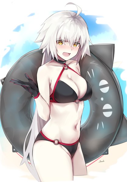 Anime picture 2460x3541 with fate (series) fate/grand order jeanne d'arc (fate) (all) jeanne d'arc alter (fate) jeanne d'arc alter (swimsuit berserker) (fate) bee doushi single long hair tall image looking at viewer blush fringe highres breasts open mouth light erotic hair between eyes large breasts signed yellow eyes