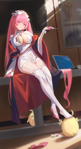 Anime picture 1000x1835 with azur lane manjuu (azur lane) perseus (azur lane) perseus (nursery service time) (azur lane) dongfangzhong111 single tall image blush fringe breasts light erotic large breasts sitting twintails holding looking away pink hair cleavage full body indoors