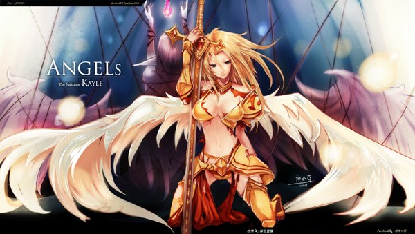 Anime picture 1500x848 with league of legends morgana (league of legends) kayle (league of legends) beanbean1988 long hair breasts light erotic blonde hair wide image multiple girls brown eyes midriff magic angel wings dark elf girl navel weapon 2 girls sword