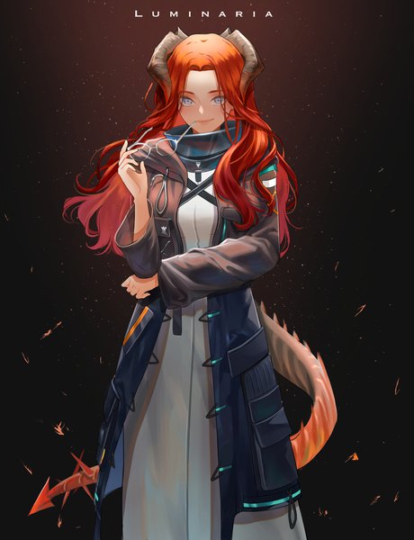 Anime picture 2984x3893 with arknights doctor (arknights) female doctor (arknights) lumin aria single long hair tall image looking at viewer highres blue eyes smile standing signed red hair tail horn (horns) eyewear removed girl glasses cloak