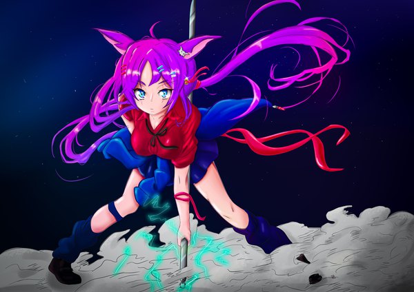 Anime picture 7016x4961 with original rainbow d fox single long hair looking at viewer fringe highres blue eyes holding animal ears pink hair absurdres full body ahoge very long hair aqua eyes sparkle leaning leaning forward fox ears