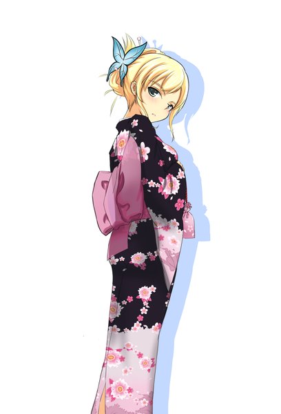 Anime picture 1200x1763 with boku wa tomodachi ga sukunai kashiwazaki sena hu sea single tall image short hair blonde hair white background green eyes japanese clothes aqua eyes shadow girl hair ornament flower (flowers) kimono insect butterfly obi butterfly hair ornament