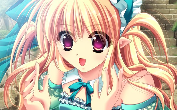 Anime picture 1024x640 with sora wo aogite kumo takaku mint (sora wo aogite kumo takaku) blonde hair wide image purple eyes game cg pointy ears girl