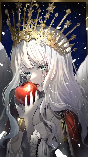 Anime picture 1080x1920 with original pomu (joynet) single long hair tall image looking at viewer fringe open mouth simple background holding upper body white hair blunt bangs aqua eyes pale skin angel wings white wings girl wings bracelet