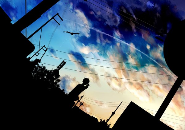 Anime picture 3276x2313 with original .@mark highres absurdres sky cloud (clouds) silhouette animal bird (birds) traffic sign telephone pole