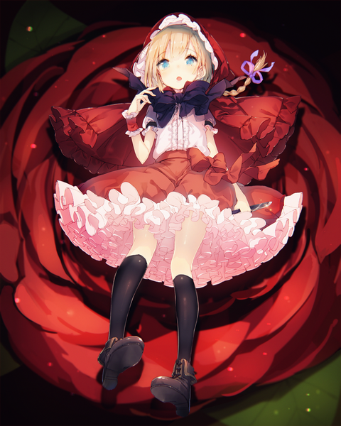 Anime picture 1920x2400 with little red riding hood grimm's fairy tales little red riding hood (character) yatsuha (hachiyoh) single long hair tall image looking at viewer highres open mouth blue eyes blonde hair braid (braids) :o from below tears single braid looking down soles frilly skirt