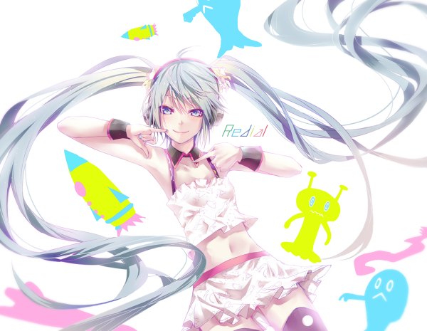 イラスト 1200x930 と ボーカロイド 初音ミク applekun ソロ カメラ目線 紫目 ツインテール very long hair light smile aqua hair bare belly 女の子 スカート へそ ミニスカート 長靴 カフス 宇宙船 alien rocket ship