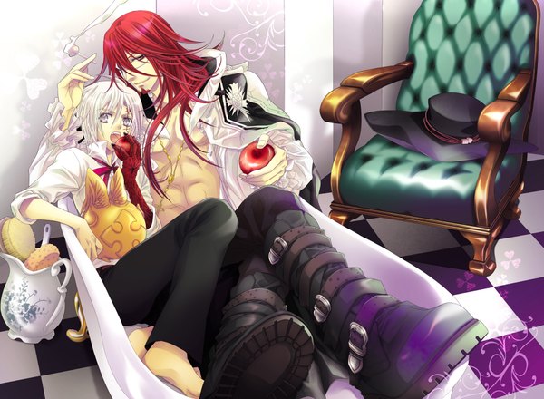 Anime picture 2000x1468 with d.gray-man allen walker timcanpy cross marian azu (artist) long hair highres short hair open mouth holding brown eyes white hair red hair barefoot light smile open clothes open jacket multiple boys grey eyes open shirt
