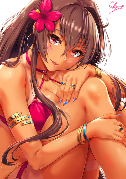 Anime picture 1000x1414 with kantai collection yamato super battleship sakiyamama single long hair tall image looking at viewer blush fringe breasts open mouth light erotic simple background hair between eyes red eyes brown hair large breasts white background sitting signed