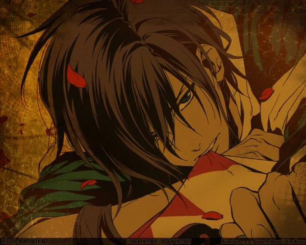 Anime picture 1280x1024 with hakuouki shinsengumi kitan studio deen saito hajime yone kazuki single looking at viewer short hair black hair green eyes wallpaper boy petals rose (roses)