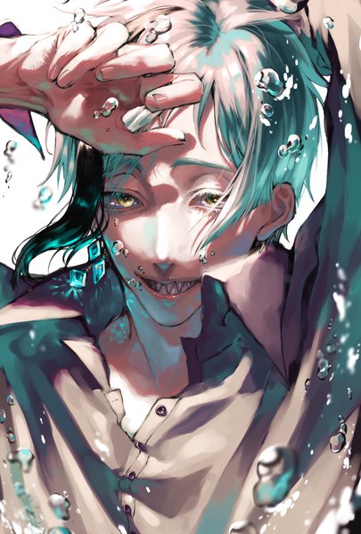 Anime picture 1181x1748 with twisted wonderland floyd leech akuta vi single tall image short hair smile yellow eyes upper body multicolored hair aqua hair arms up streaked hair grin underwater open collar boy bubble (bubbles) single earring
