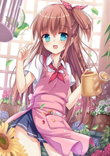 Anime picture 826x1169 with original shimokirin single long hair tall image blush fringe open mouth smile hair between eyes brown hair :d pleated skirt aqua eyes one side up girl skirt flower (flowers) bow plant (plants)